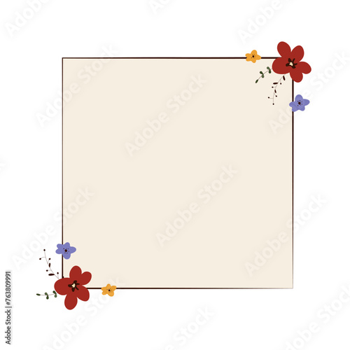 Minimalistic frame with flowers and leaves.
Template with empty space for text, for invitations, greeting cards, print and web.
Vector eps 10.