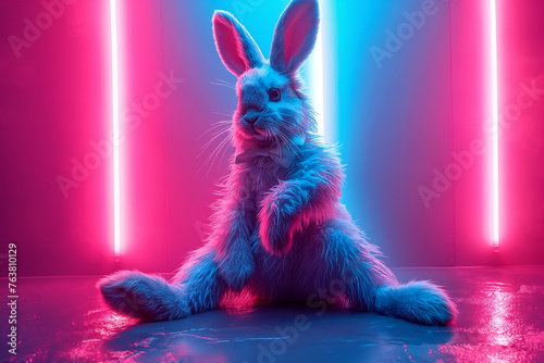 full length bunny sitting on the floor in neon lights