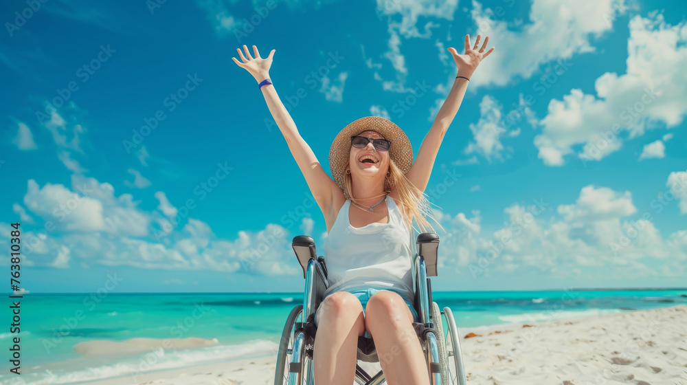 Happy disabled young woman in a wheelchair on the beach , beach accessibility and handicapped people holidays concept image Happy disabled young woman in a wheelchair on the beach , beach accessibility and handicapped people holidays concept image