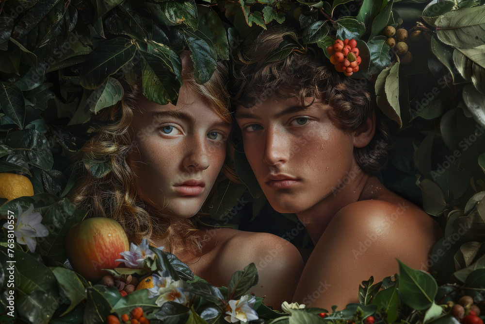 Obraz premium Portrait of a young couple of naked man and woman under apple tree like Adam and Eve in the Garden of Eden