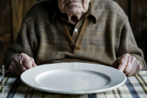 Old person in front of an empty plate , elders poverty and undernutrition concept image with a mature person with nutritional deficiencies photo