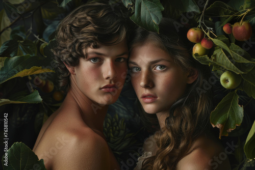 Portrait of a young couple of naked man and woman under apple tree like Adam and Eve in the Garden of Eden