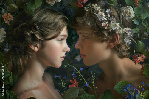 Portrait of a young couple of naked man and woman under apple tree like Adam and Eve in the Garden of Eden
