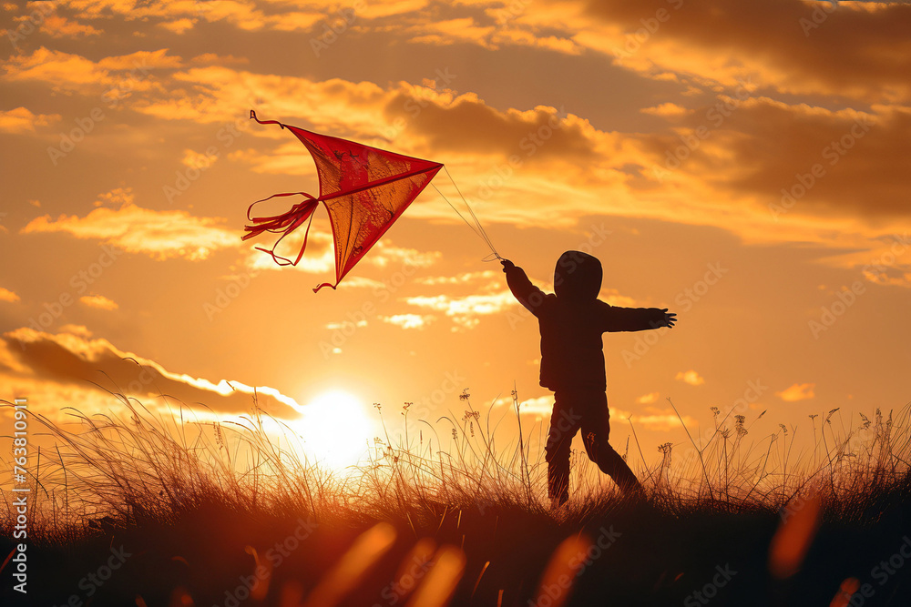 Happy child flying a kite at sunset. AI generative - obrazy, fototapety, plakaty 