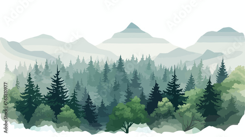 Trees in the fog. Deep forest haze. Hills covered