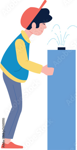 Boy drink from water fountain. Fresh drink for thirsty kid