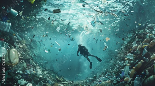 The image captures a diver submerged in murky waters, surrounded by an unsettling array of discarded trash, showcasing the grave pollution problem. © doraclub
