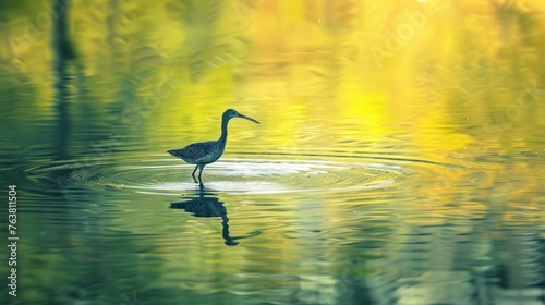 Water bird and nature background. Green, yellow lake background. Water reflection. Bird: Common