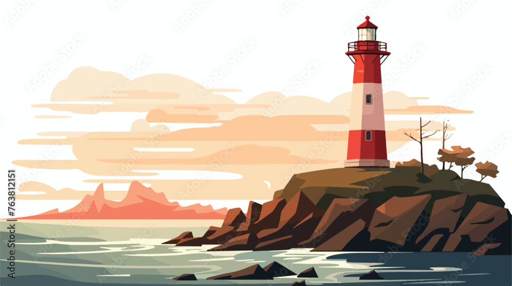Vector flat lighthouse. Cartoon landscape flat vector - obrazy, fototapety, plakaty 