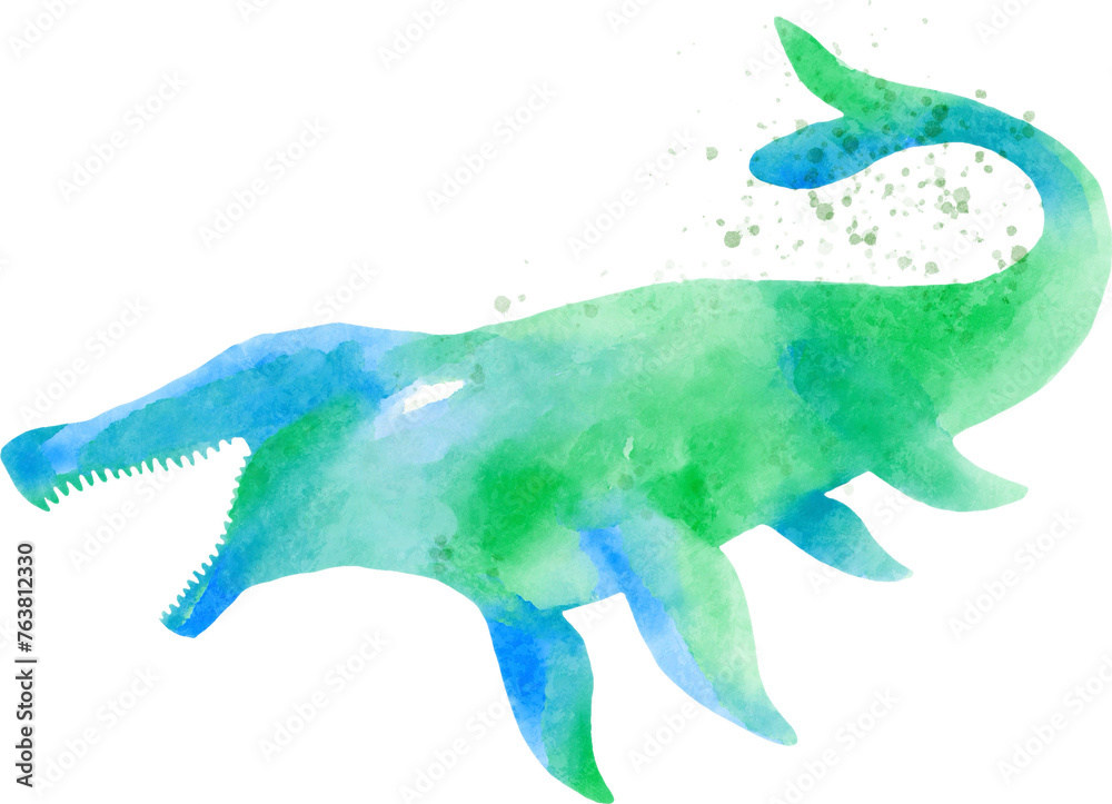 Fototapeta premium Mosasaurus dinosaur silhouette watercolor cartoon character