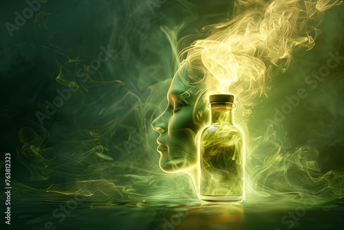 ampoule of youngness elixir isolated on magic background, shape of old person turning young photo