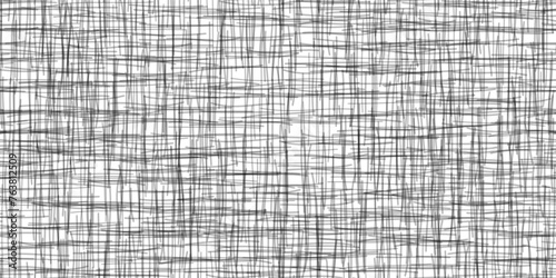 Grey crosshatch seamless pattern on white paper bg. Shadowing texture with abstract random lines imitating fabric surface of canvas or rough linen material. Vector illustration