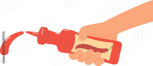 Hand squeeze sauce from plastic bottle. Spice condiment