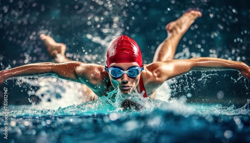 Professional Swimming Athlete in action front angle view, aerobic swimmer, wearing a red head covering and swimming goggles, healthy sport.