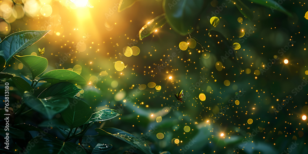 Enchanted forest landscape with glittering leaves magic firefly, Whimsical Forest Scene: Shimmering Leaves and Fairy Lights