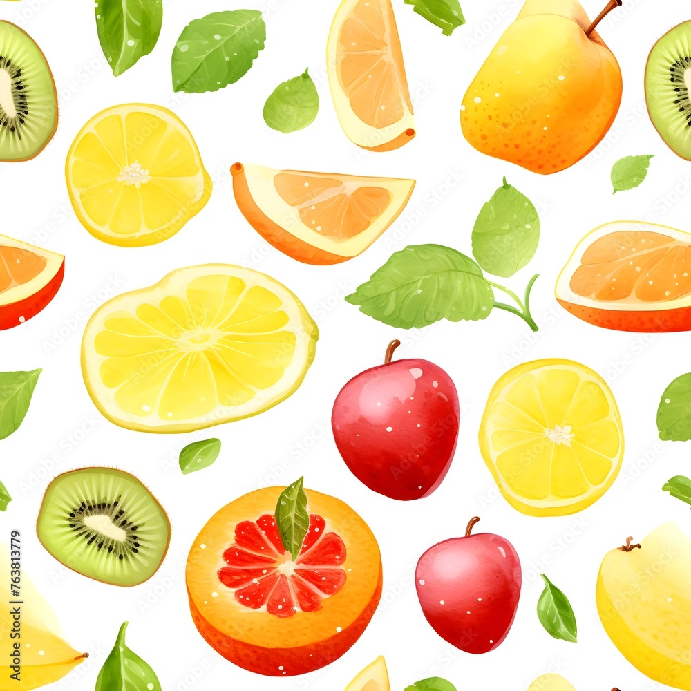 Seamless pattern of fruit in watercolor painting style on white background