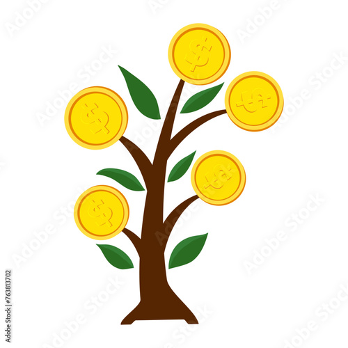 Growth money tree plant with coin dollar. Business profit investment, business income, business development concept. Vector illustration