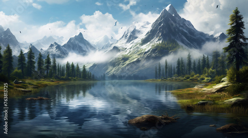 A serene lake surrounded by mountains and forests. © franklin