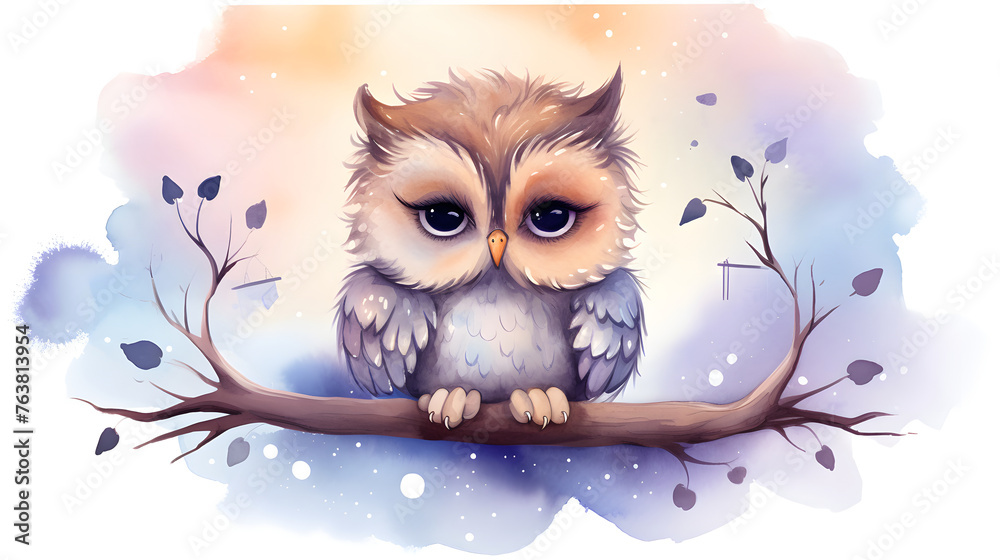 Obraz premium Watercolor Illustration of Cute Owl on a Branch