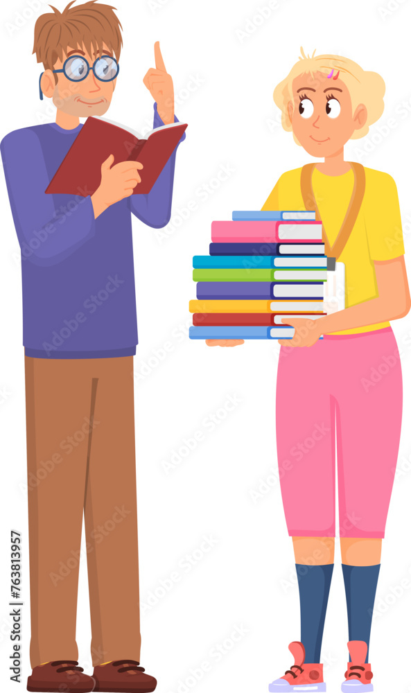 Librarian help man with book study. Reading person Librarian help man with book study. Reading person