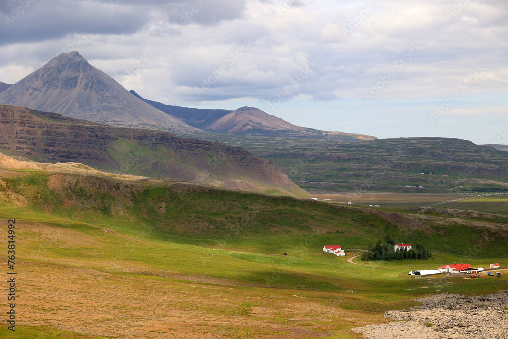 Icelandic landscape seen from extinct volcano crater Grabrok, Hredavatn, Island  