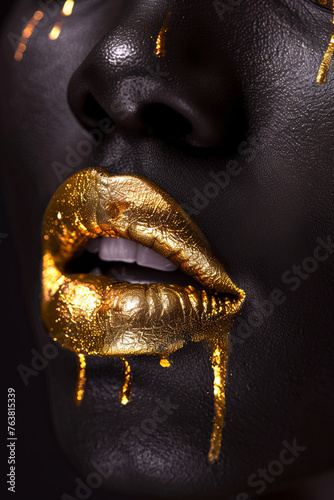 Gold paint drips from the lips, golden liquid drops on beautiful model girl`s mouth, creative abstract dark black skin makeup. Beauty woman face on black