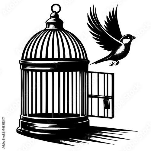 Bird escaping from cage, concept of freedom photo