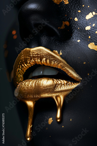 Gold paint drips from the lips, golden liquid drops on beautiful model girl`s mouth, creative abstract dark black skin makeup. Beauty woman face on black © Fabio