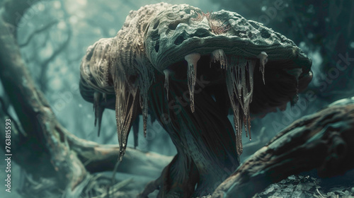 closeup view fictional horror monster in forest or Cordyceps fungus as a parasitic fungus, uses human host to spread, infection by fungal spores in forest. photo