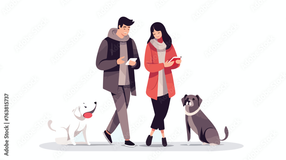 Young couple with smartphone and dog flat vector isolated