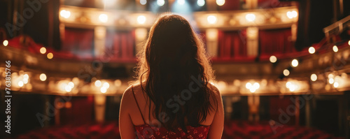 From the back of the concert hall stage, an opera singer in a stunning red dress stands, her presence captivating even from behind as she prepares to grace the audience with her performance.