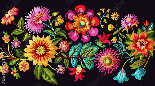 colorful floral pattern on black background made with embroidery in vibrant color