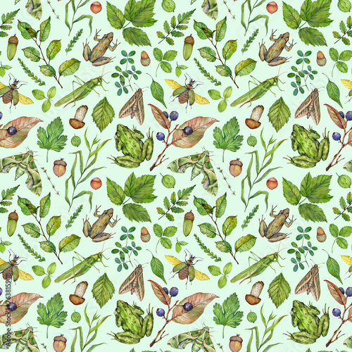 Watercolor seamless pattern with moth, frogs, mushrooms, grasshopper, strawberry leaves, raspberries, acorns, grass, twigs. Hand painted forest illustration isolated on blue background.