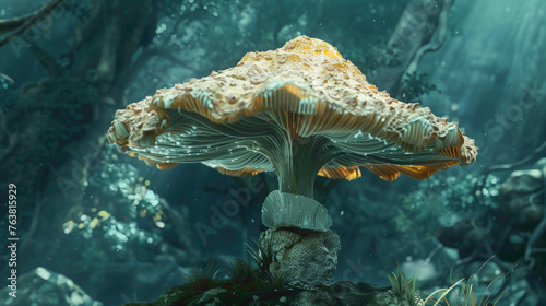 closeup view fictional horror monster in forest or Cordyceps fungus as a parasitic fungus, uses human host to spread, infection by fungal spores in forest. photo