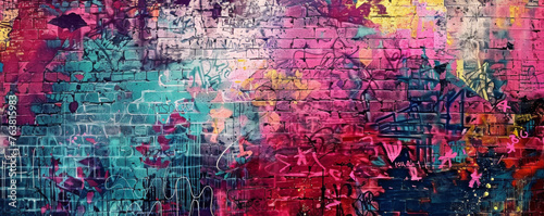 Colorful abstract graffiti decorates a brick wall, forming a vibrant and dynamic background.