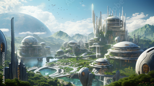 A space colony on a distant planet with domed structure photo