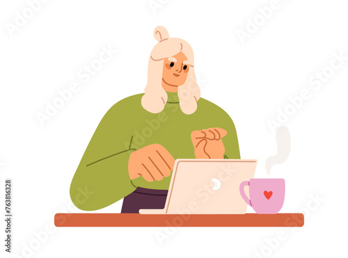 Woman works online at laptop. Business girl typing at notebook computer, at office desk with tea mug. Freelancers workplace with PC and cup. Flat vector illustration isolated on white background