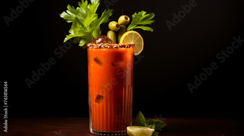 A spicy bloody mary with a celery stalk and olives. © franklin