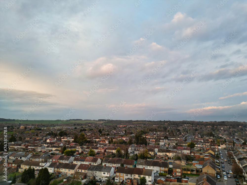 Aerial View of Residential Homes During Orange Sunset over England UK Aerial View of Residential Homes During Orange Sunset over England UK