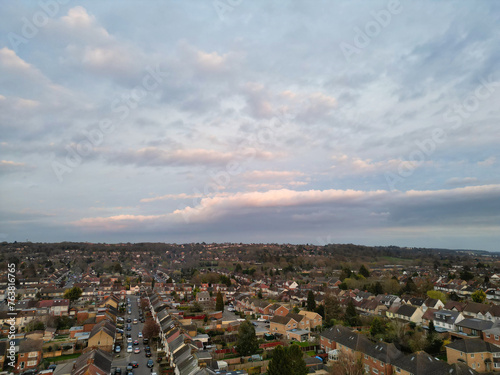 Aerial View of Residential Homes During Orange Sunset over England UK