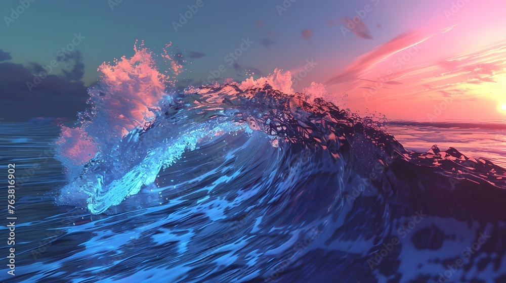 Majestic ocean wave at sunset, digital artwork. serene seascape, vibrant colors, nature's beauty captured. perfect for wall art or design project. AI
