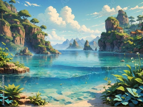 Wallpaper featuring azure water and green plants
