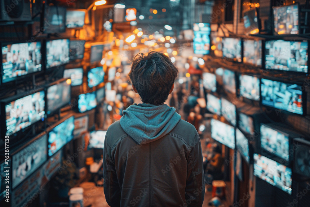 Man Standing Alone in a Bustling Evening Electronics Market Illuminated by Neon Signs