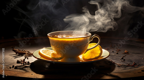 A steaming cup of Earl Grey tea with a lemon twist.