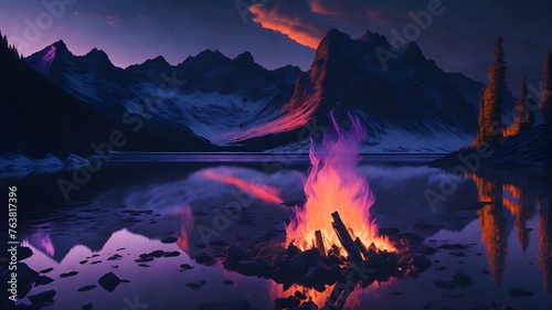 A campfire glowing under the twilight sky at the base of snow-capped mountains The sky painted with vibrant hues of purple, pink, and orange, reflecting off the calm waters of a mountain  © artbyrookie