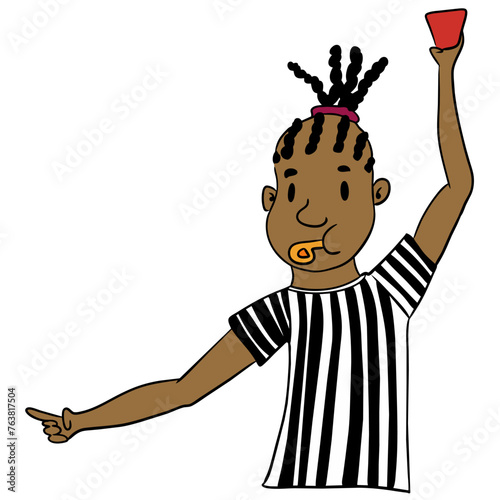 Vector 3000*3000 300dpi.  A black man with red card, dressed in a referee's uniform, officiates a sporting event with professionalism and authority. His presence on the field or court ensures fair pla