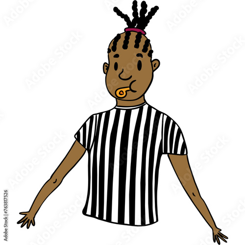 Vector 3000*3000 300dpi. A black man, dressed in a referee's uniform, officiates a sporting event with professionalism and authority. His presence on the field or court ensures fair play and adherence
