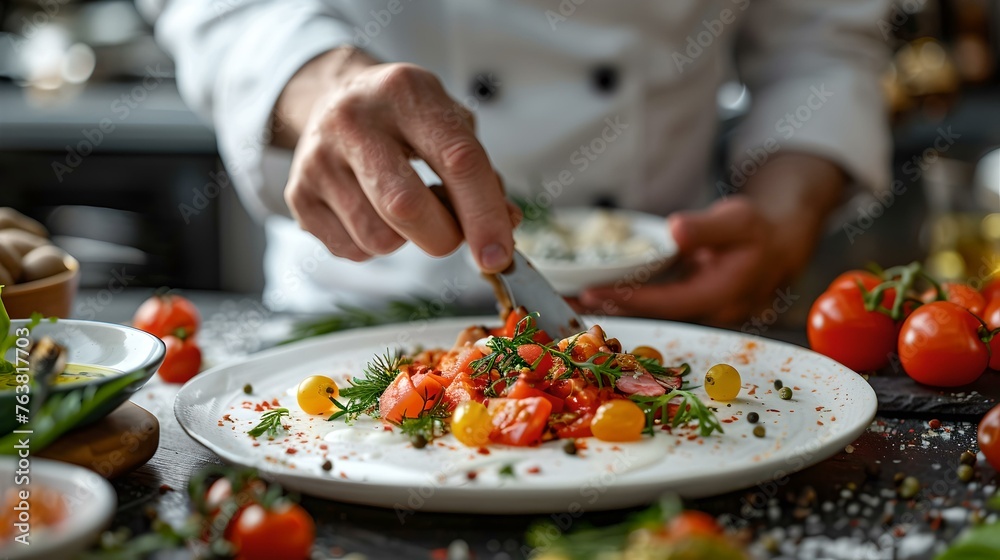 Professional chef delicately garnishing a dish in a restaurant kitchen. focus on fresh ingredients and culinary artistry. close-up, creativity in cuisine. AI