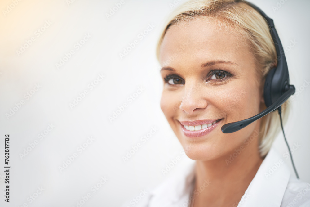 Woman, happy and portrait in call center with mockup space for networking, telemarketing or crm job. Person, smile and headphone with mic for voip communication, customer service and tech support Woman, happy and portrait in call center with mockup space for networking, telemarketing or crm job. Person, smile and headphone with mic for voip communication, customer service and tech support