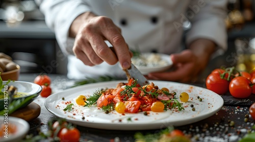 Professional chef delicately garnishing a dish in a restaurant kitchen. focus on fresh ingredients and culinary artistry. close-up, creativity in cuisine. AI